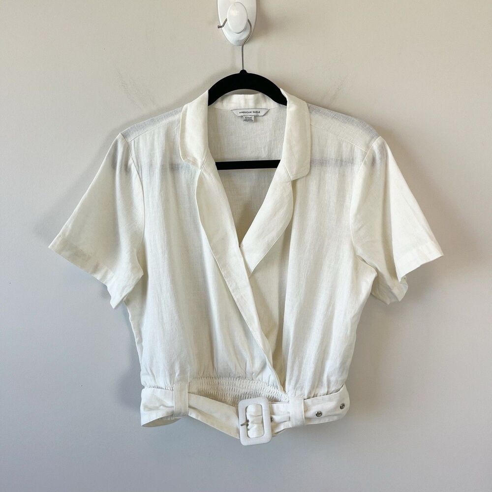 American Eagle Cropped Linen Blend Belted Surplice Blouse Top Cream Size Medium - Picture 3 of 12